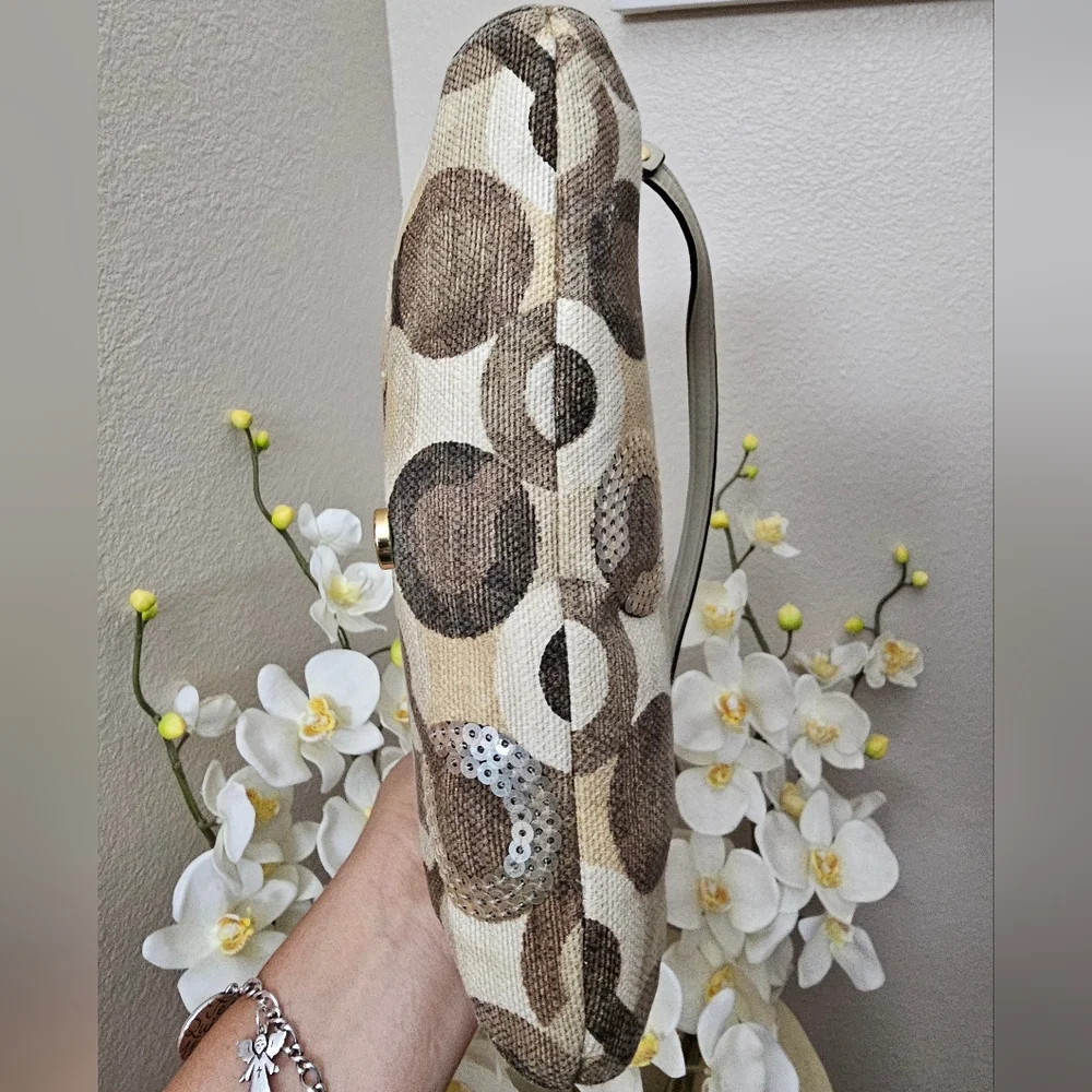Coach Kristin Embellished Large Clutch Art Deco OP  Leather Multi Tan print EUC - Picture 11 of 16